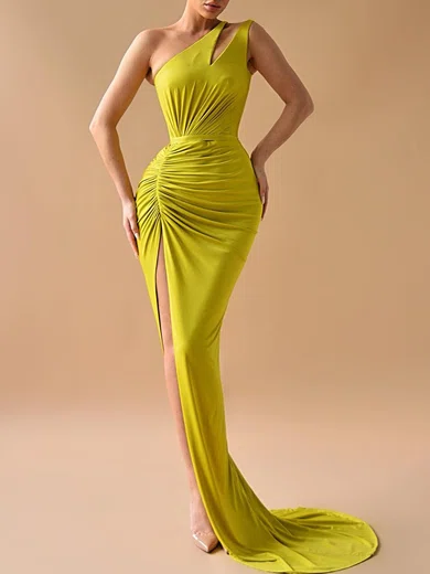 Sheath/Column One Shoulder Jersey Cut Out Prom Dresses With Ruched #UKM020119362