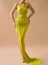 Sheath/Column One Shoulder Jersey Sweep Train Prom Dresses With Ruched #UKM020119362