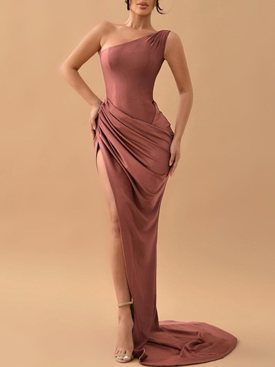 Sheath/Column One Shoulder Silk-like Satin Sweep Train Prom Dresses With Ruched #UKM020119366