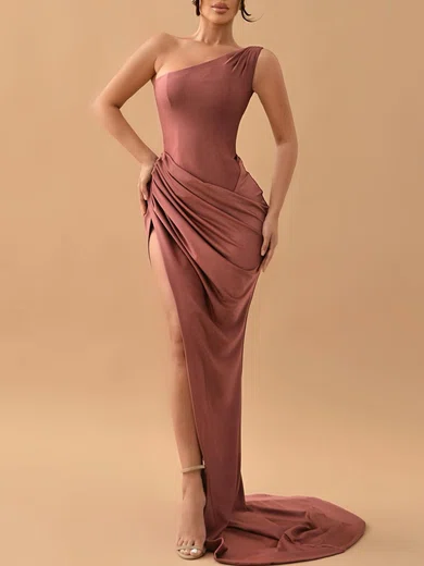 Sheath/Column One Shoulder Ruched Satin Sweep Train Evening Dresses PT020119366