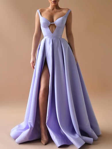Ball Gown/Princess V-neck Satin Floor-length Prom Dresses With Split Front #UKM020119370