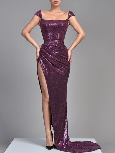 Sheath/Column Square Neckline Sequined Sweep Train Prom Dresses With Split Front #UKM020119376