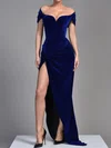 Sheath/Column Off-the-shoulder Velvet Sweep Train Prom Dresses With Split Front #UKM020119381