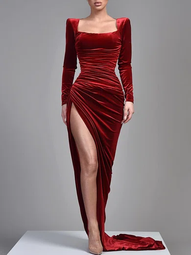 Sheath/Column Square Neckline Ruched Velvet Sweep Train Evening Dresses PT020119392