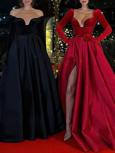 Ball Gown/Princess V-neck Satin Velvet Floor-length Prom Dresses With Split Front #UKM020119394