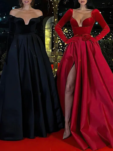 Ball Gown/Princess V-neck Satin Velvet Floor-length Evening Dresses With Split Front PT020119394