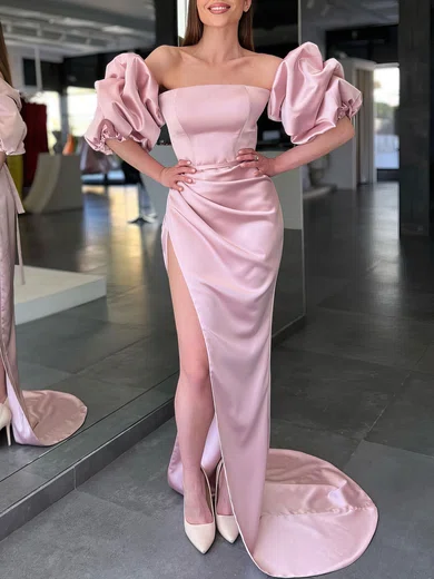 Sheath/Column Off-the-shoulder Satin Prom Dresses With Puff Sleeve #UKM020119412