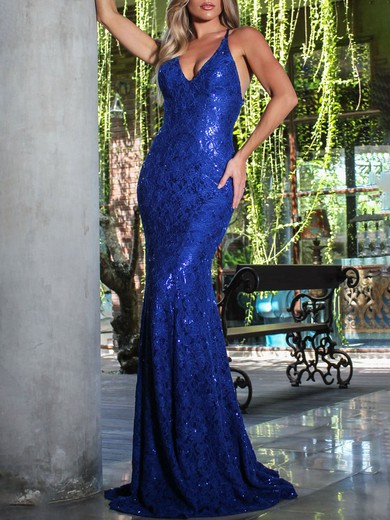 Trumpet/Mermaid V-neck Lace Sweep Train Prom Dresses With Sequins #UKM020119434
