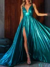 A-line V-neck Metallic Sweep Train Prom Dresses With Split Front #UKM020119438