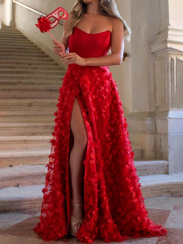Ball Gown Strapless Stretch Crepe Tulle 3D Floral Prom Dresses #UKM020119459