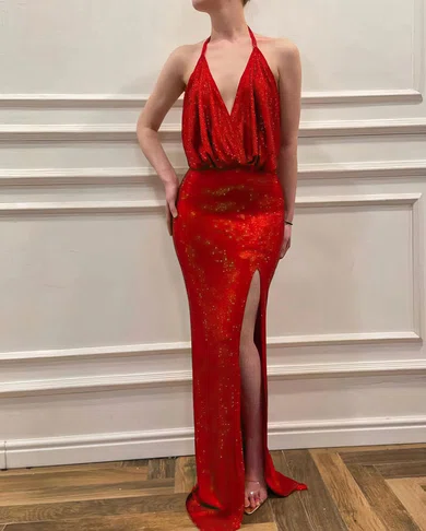 Sheath/Column V-neck Sparkly Sequin Prom Dresses #UKM020120154