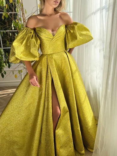 Ball Gown/Princess Off-the-shoulder Metallic Sweep Train Prom Dresses With Ruched #UKM020120072