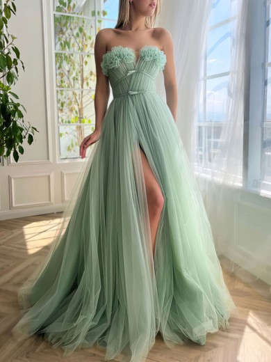 Ball Gown/Princess Straight Tulle Sweep Train Prom Dresses With Ruched #UKM020120075