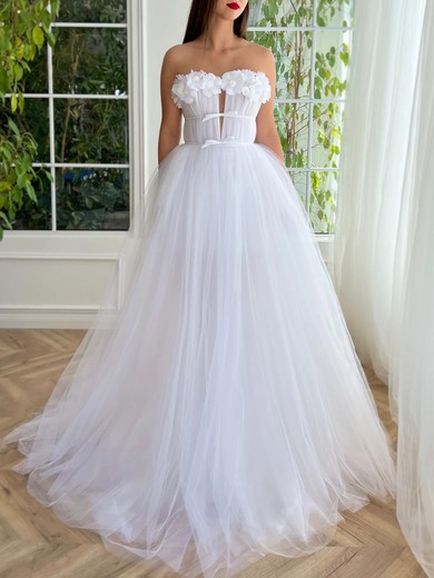Ball Gown/Princess Straight Tulle Sweep Train Prom Dresses With Flower(s) #UKM020120079