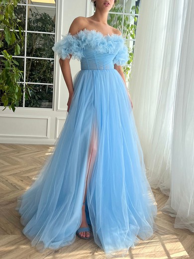 Ball Gown/Princess Off-the-shoulder Tulle Sweep Train Prom Dresses With Ruffles #UKM020120080
