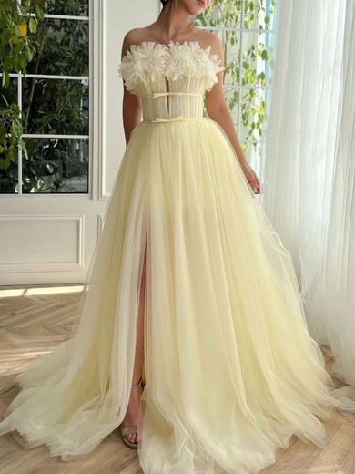 Ball Gown/Princess Straight Tulle Sweep Train Prom Dresses With Sashes / Ribbons #UKM020120085