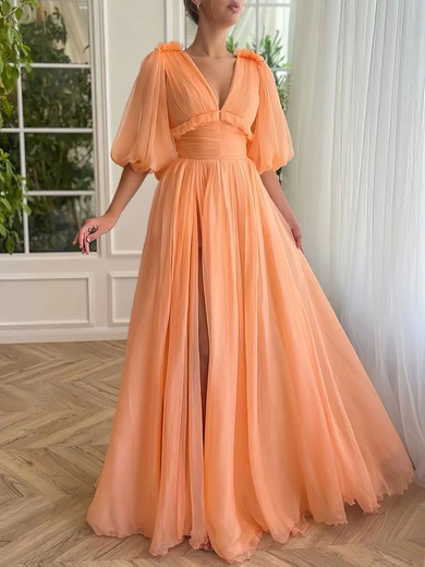Ball Gown/Princess V-neck Chiffon Floor-length Prom Dresses With Ruched #UKM020120067