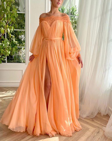 Ball Gown/Princess Off-the-shoulder Lace Chiffon Sweep Train Prom Dresses With Sashes / Ribbons #UKM020120068