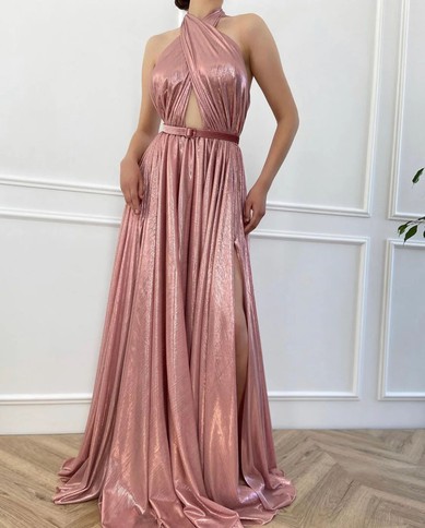 A-line Halter Metallic Sweep Train Prom Dresses With Sashes / Ribbons #UKM020120150