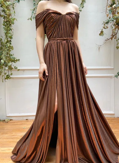Ball Gown Off-the-shoulder Metallic Prom Dresses With Ruched #UKM020120158