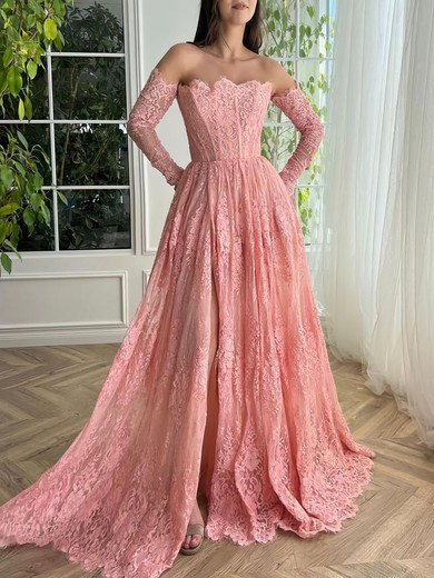 Ball Gown/Princess Straight Lace Sweep Train Prom Dresses With Pockets #UKM020120081