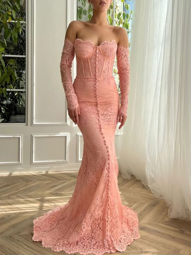 Trumpet/Mermaid Off-the-shoulder Lace Sweep Train Prom Dresses With Buttons #UKM020120083