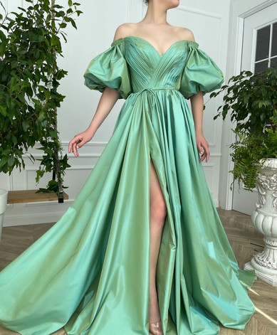 Ball Gown/Princess Off-the-shoulder Satin Sweep Train Prom Dresses With Sashes / Ribbons #UKM020120144