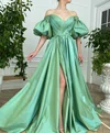 Ball Gown Off-the-shoulder Puff Sleeve Satin Prom Dresses With Ruched #UKM020120144