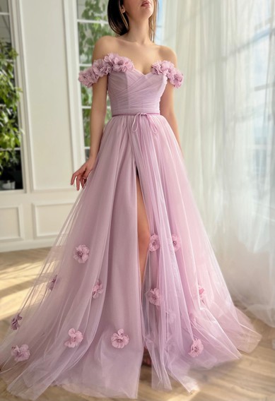 Ball Gown/Princess Off-the-shoulder Tulle Sweep Train Prom Dresses With Sashes / Ribbons #UKM020120105