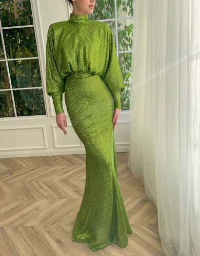 Mermaid High Neck Long Sleeves Sparkly Sequin Prom Dresses #UKM020120125