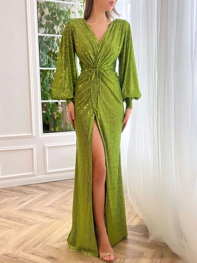 Mermaid V-neck Puff Sleeve Sparkly Sequin Prom Dresses #UKM020120126