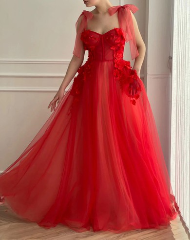 Ball Gown/Princess Sweetheart Tulle Floor-length Prom Dresses With Flower(s) #UKM020120145