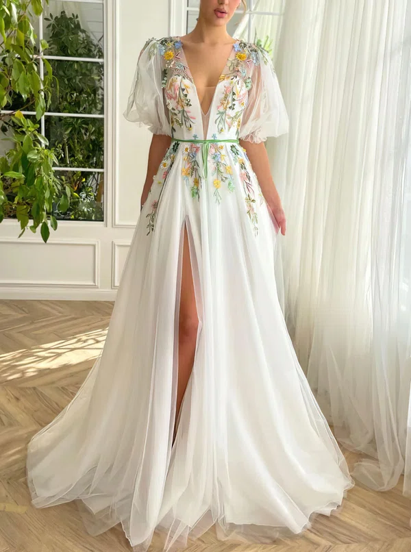 Ball Gown/Princess V-neck Tulle Sweep Train Prom Dresses With Sashes / Ribbons #UKM020120065