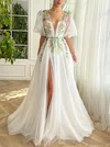 Ball Gown/Princess V-neck Tulle Sweep Train Prom Dresses With Sashes / Ribbons #UKM020120065