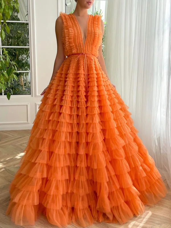 Ball Gown/Princess V-neck Tulle Sweep Train Prom Dresses With Sashes / Ribbons #UKM020120070