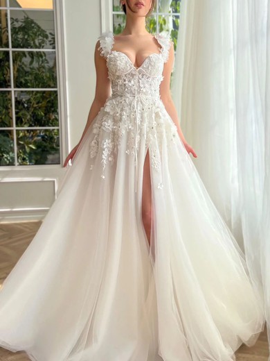 Ball Gown/Princess V-neck Tulle Sweep Train Prom Dresses With Sashes / Ribbons #UKM020120093