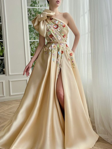 Ball Gown/Princess One Shoulder Satin Sweep Train Prom Dresses With Bow #UKM020120101