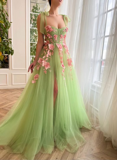 Ball Gown/Princess V-neck Tulle Sweep Train Prom Dresses With Flower(s) #UKM020120108