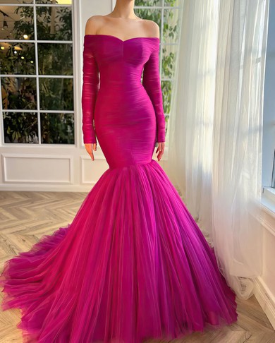 Trumpet/Mermaid Off-the-shoulder Tulle Court Train Prom Dresses With Ruched #UKM020120119