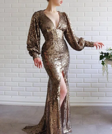 Mermaid V-neck Cut Out Sparkly Sequin Prom Dresses With Long Sleeves #UKM020120164