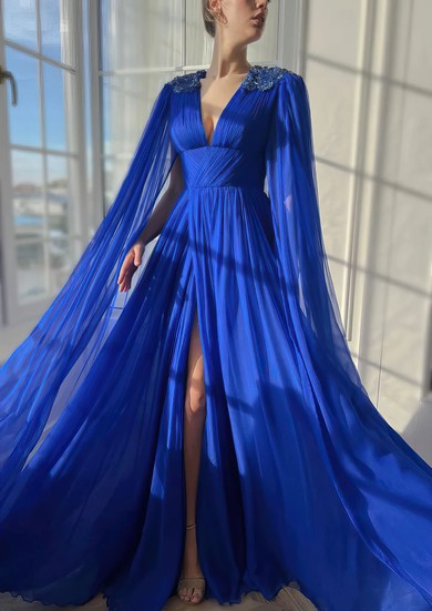Ball Gown/Princess V-neck Chiffon Sweep Train Prom Dresses With Beading #UKM020120061