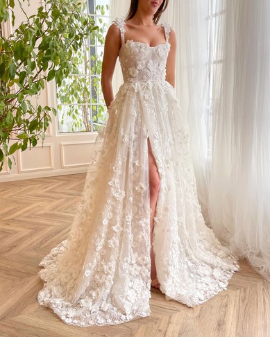 Ball Gown/Princess Square Neckline Lace Tulle Sweep Train Prom Dresses With Sashes / Ribbons #UKM020120089