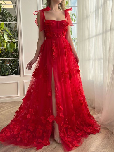 Ball Gown/Princess Square Neckline Tulle Sweep Train Prom Dresses With Flower(s) #UKM020120090