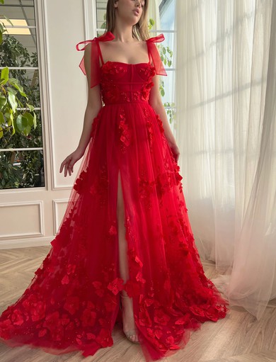 Ball Gown/Princess Square Neckline Tulle Sweep Train Prom Dresses With Flower(s) #UKM020120090