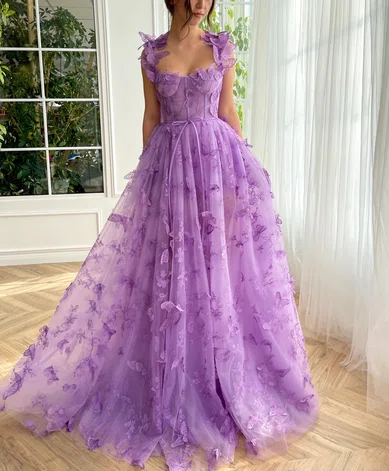 Ball Gown Square Neck Tulle Floral Prom Dresses With Butterfly #UKM020120107