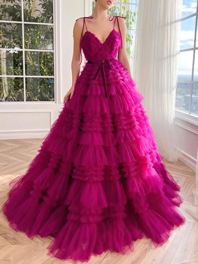 Ball Gown/Princess V-neck Tulle Sweep Train Prom Dresses With Sashes / Ribbons #UKM020120120