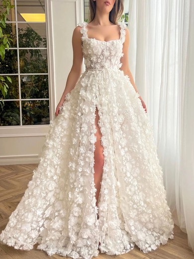 Ball Gown/Princess Square Neckline Tulle Sweep Train Prom Dresses With Sashes / Ribbons #UKM020120094