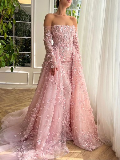Ball Gown/Princess Off-the-shoulder Glitter Watteau Train Prom Dresses With Flower(s) #UKM020120087