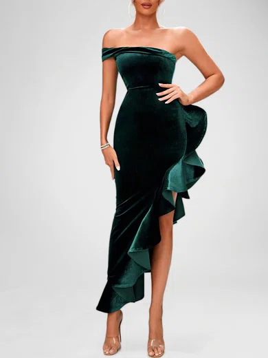 Sheath/Column One Shoulder Velvet Asymmetrical Ruffles Prom Dresses PT020118205