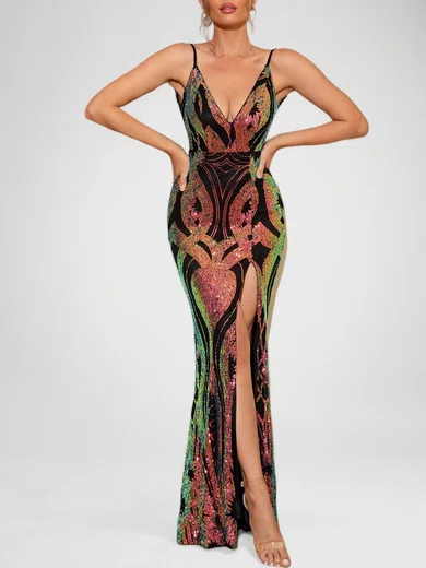 Sparkly Sheath/Column Sequin V-neck Split Formal Dresses PT020118295